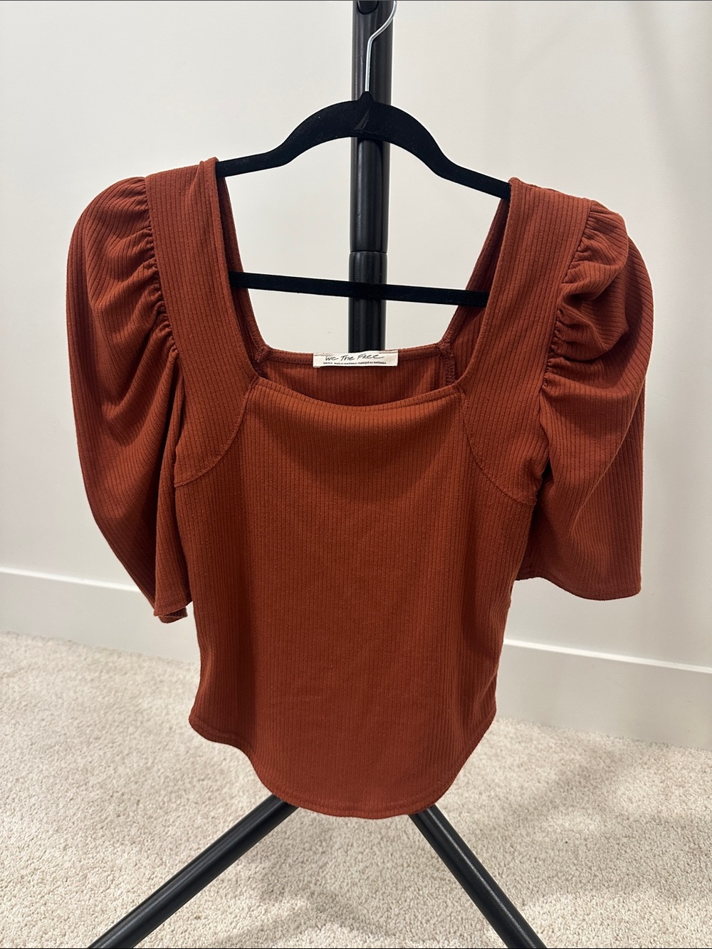 Free People Puff Sleeve Square Neck Top in Rust